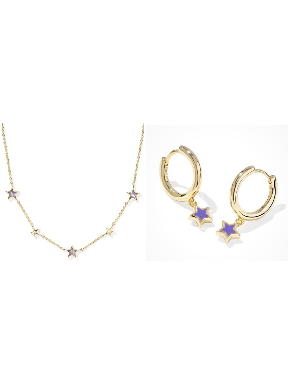 KENDRA SCOTT SET Purple Crystal & Enamel Stars 14K Gold Necklace & Earrings NWT